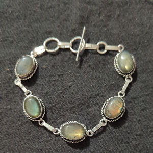 Silver Plated Grey Labradorite Gemstone Statement Bracelet